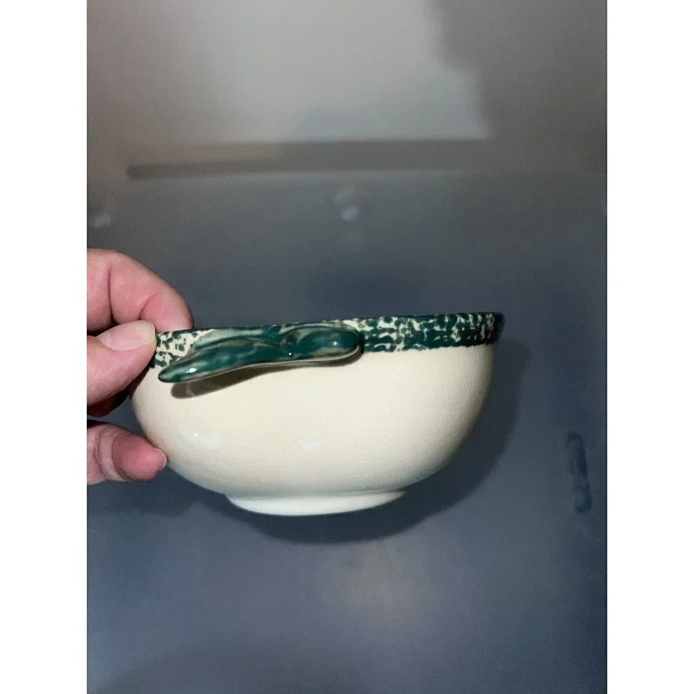 Ceramic Apple Bowl w/Spoon Condiment Serving Dish Spongeware Green & Red